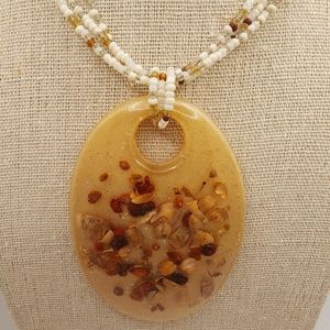 Vintage Seed Beads & Pressed Flower Pendant Necklace 28" Long with 3 1/2 Pendant